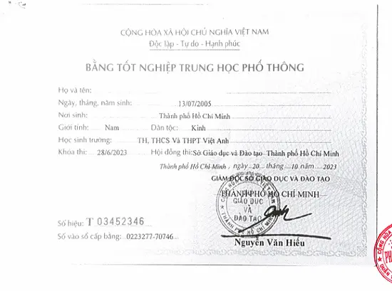 Dịch Thuật Bằng Trung Học Bằng tốt nghiệp THPT