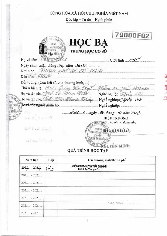 Dịch Thuật công chứng học bạ THCS