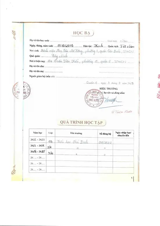 Dịch Thuật Học Bạ Tiểu Học Dịch thuật công chứng học bạ tiểu học tờ 1