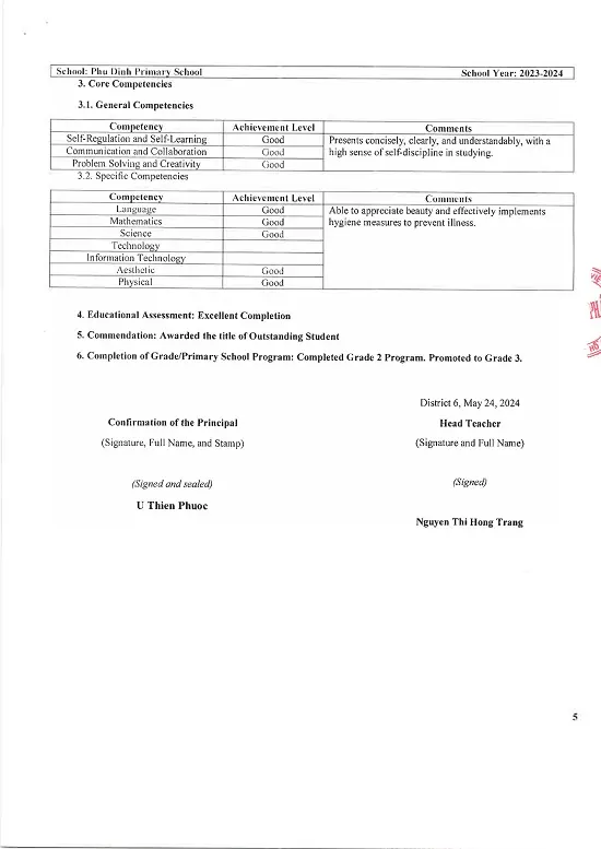 Dịch Thuật Học Bạ Tiểu Học Bản Dịch Thuật Công Chứng Học Bạ Tiểu Học Tờ 5