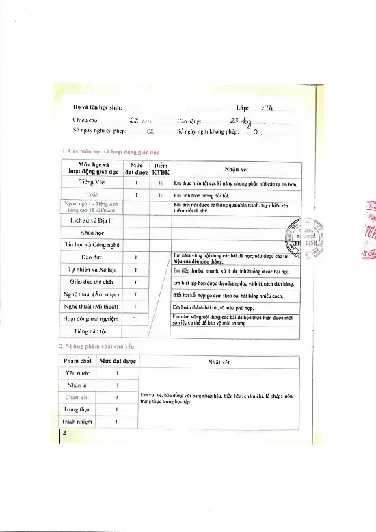 Dịch Thuật Học Bạ Tiểu Học Bản Dịch Thuật Công Chứng Học Bạ Tiểu Học Tờ 2