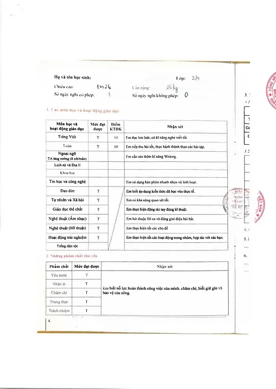 Dịch Thuật Học Bạ Tiểu Học Bản Photo Học Bạ Tiểu Học Tờ 4