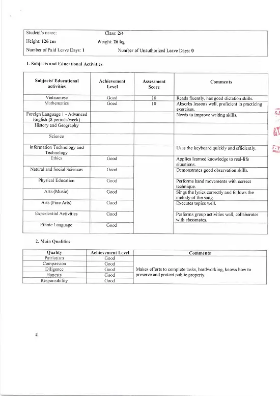 Dịch Thuật Học Bạ Tiểu Học Bản Dịch Thuật Công Chứng Học Bạ Tiểu Học Tờ 4