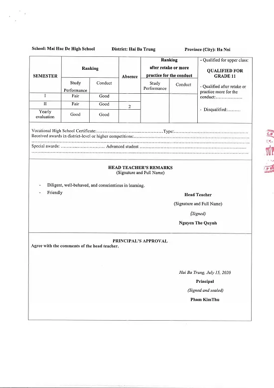 Dịch Thuật Học Bạ Trung Học Phổ Thông Bản Dịch thuật công chứng học bạ THPT tờ 4