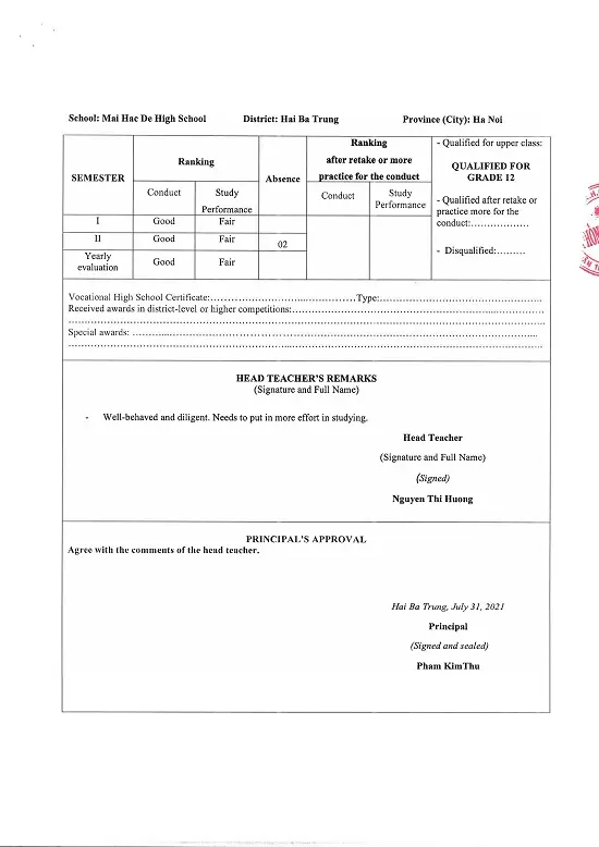 Dịch Thuật Học Bạ Trung Học Phổ Thông Bản dịch thuật công chứng học bạ THPT tờ 6