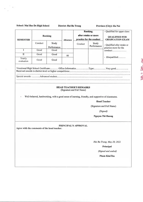 Dịch Thuật Học Bạ Trung Học Phổ Thông Bản dịch thuật công chứng học bạ THPT tờ 8
