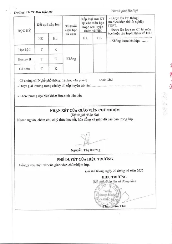Dịch Thuật Học Bạ Trung Học Phổ Thông Dịch thuật công chứng học bạ THPT tờ 8